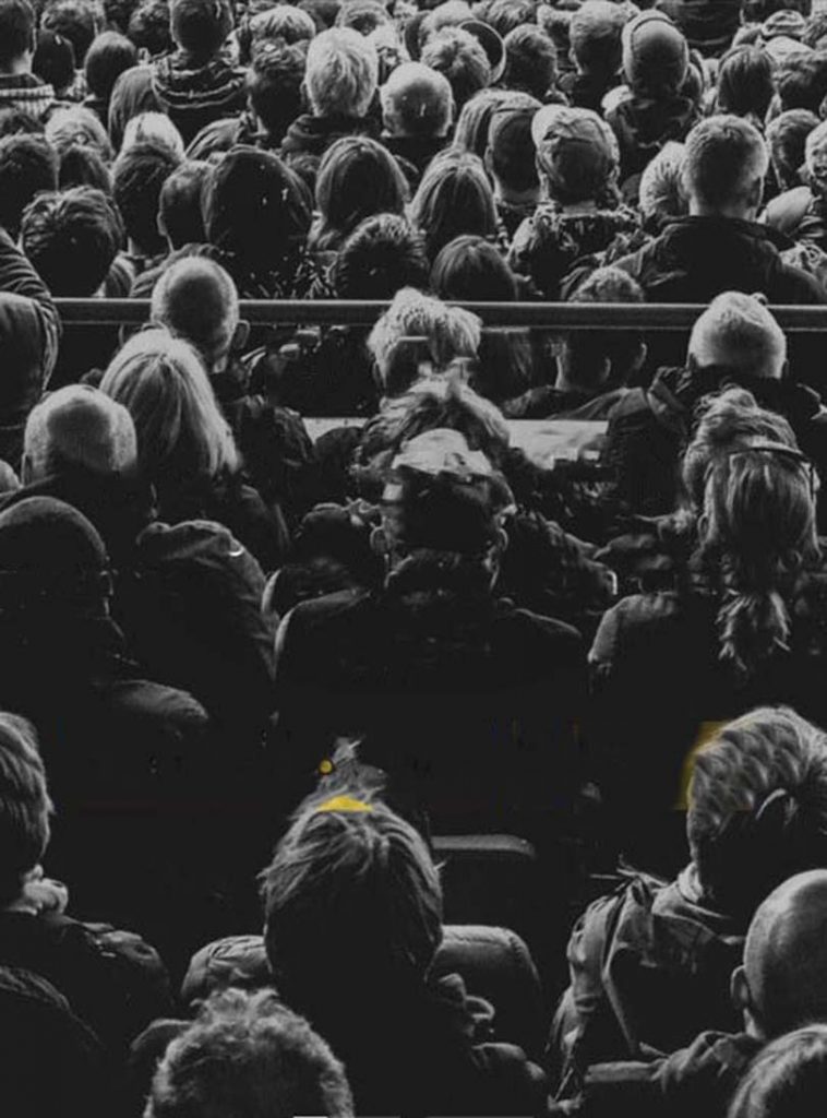 Black and white picture of a Crowd at a festival